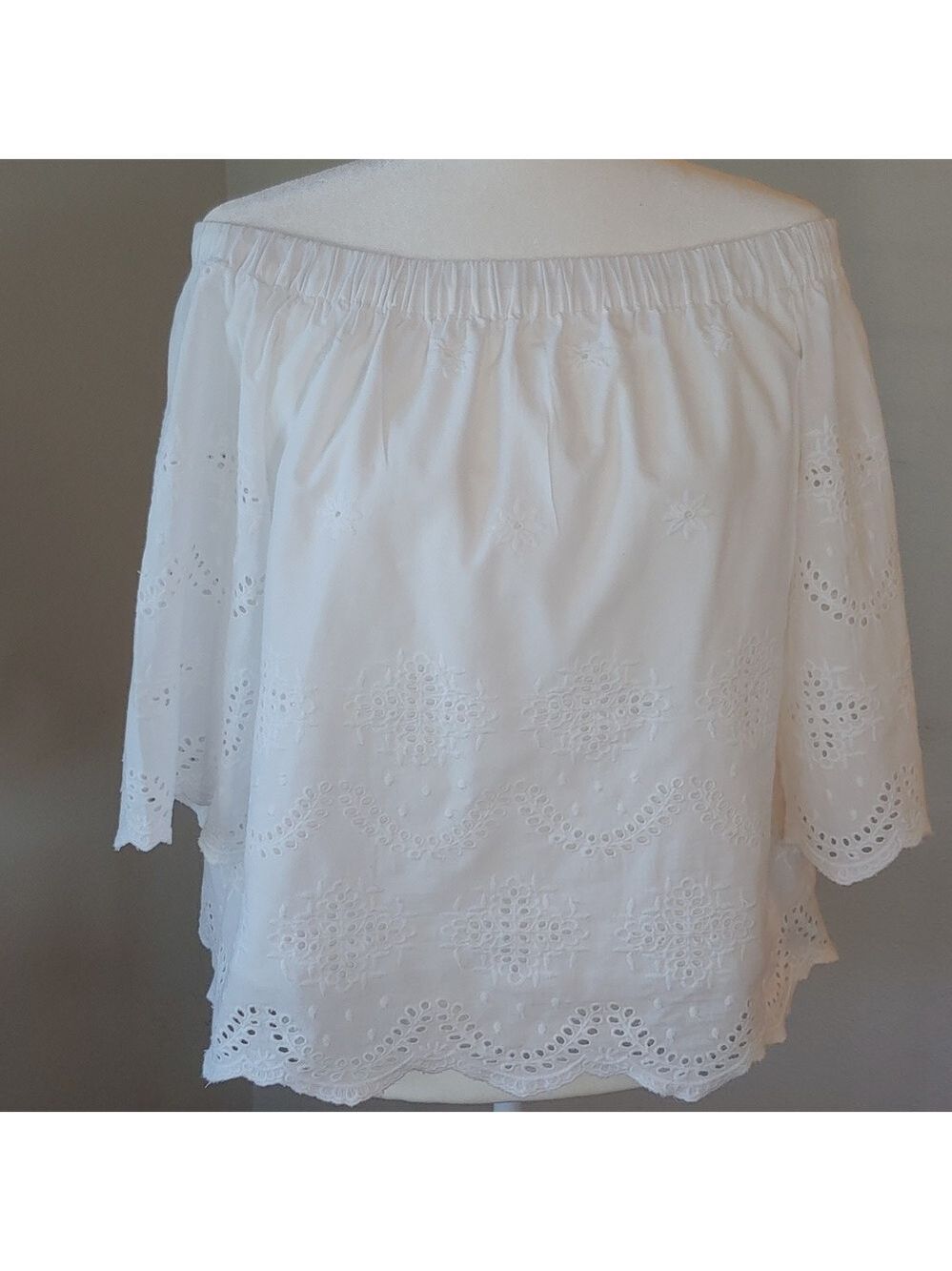 Saks Fifth Avenue White Cotton Eyelet 3/4 Sleeve Off Shoulders Top Women's Med - Picture 6 of 15